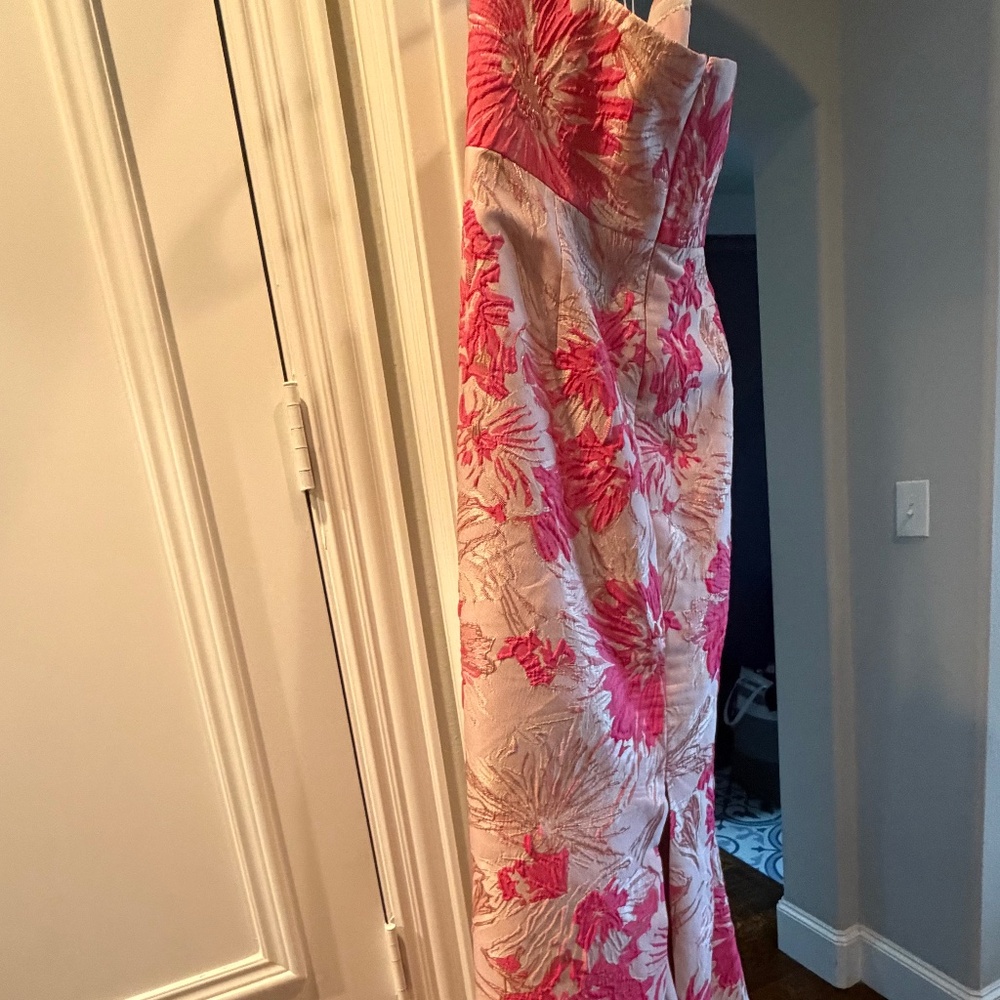 Alfred Sung pink multi hibiscus metallic floral jacquard strapless column gown - Picture 7 of 8